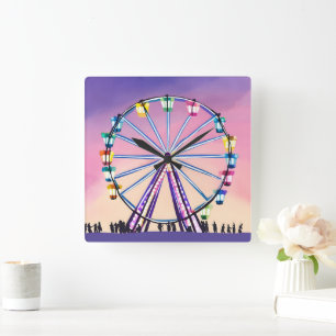Relógio Quadrado Roda Gigante Pôr do Sol Aquarela Bonita