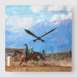 Relógio Quadrado Rodeo - Corrida de Barrel no Oeste