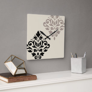 Relógio Quadrado Rolar Damask Art I Black Taupe Cream