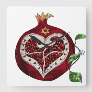 Relógio Quadrado Romã Judaica Coração Hanukkah Rosh Hashanah
