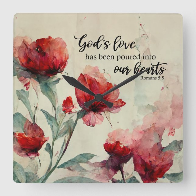 Relógio Quadrado Romanos 5:5 Bíblia de amor de Deus Verso Flores Ro (Frente)