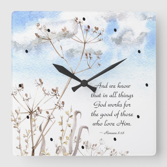Relógio Quadrado Romanos 8:28 Todas as coisas que Deus trabalha par (Frente)
