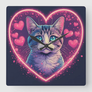 Relógio Quadrado Romantic Cat Lover Gift | Aesthetic Neon Animal