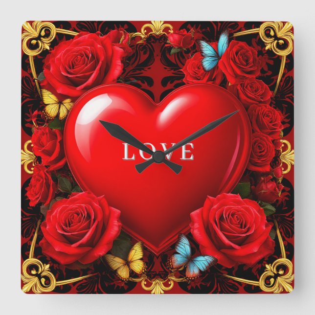 Relógio Quadrado Romantic Red Heart Framed by Roses and Butterflies (Frente)