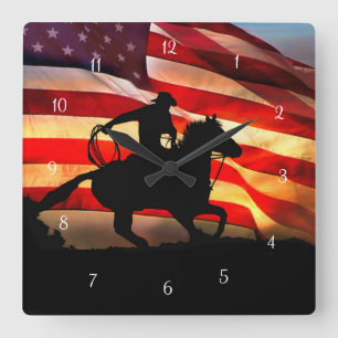 Relógio Quadrado Roping Cowboy and Horse American Flag