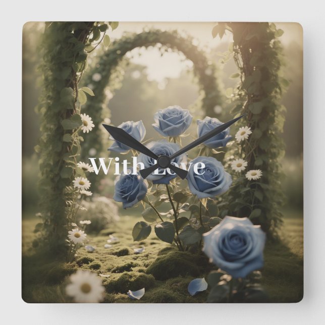 Relógio Quadrado Rosa Azul Mística Presente de Família Floral Atemp (Frente)