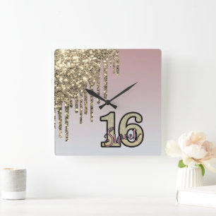 Relógio Quadrado Rosa Bege  Rosa Dourado Sweet Sixteen