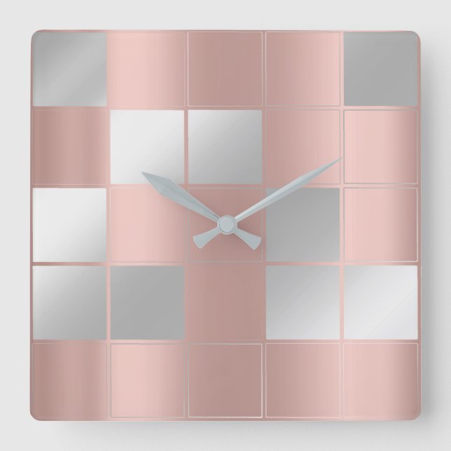 Relógio Quadrado Rosa de Geometria da Praça do Chessboard com cinza (Frente)