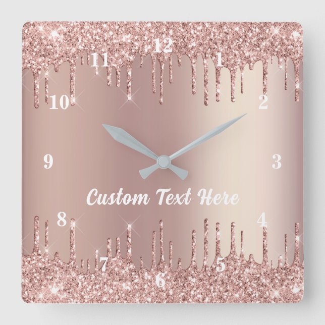 Relógio Quadrado Rosa Dourado Blush Glitter Drives Text Name Wall C (Frente)