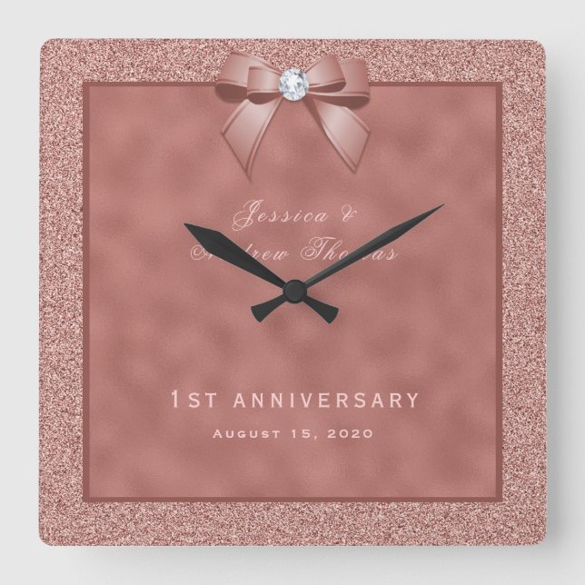 Relógio Quadrado Rosa Dourado e Na moda 1 rua Glitter Casamento (Frente)