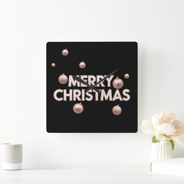 Relógio Quadrado Rosa Dourado Feliz Natal - Design de Feriado (Lar)