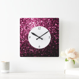 Relógio Quadrado Rosa escuro falso brilho glitter faíscas com númer