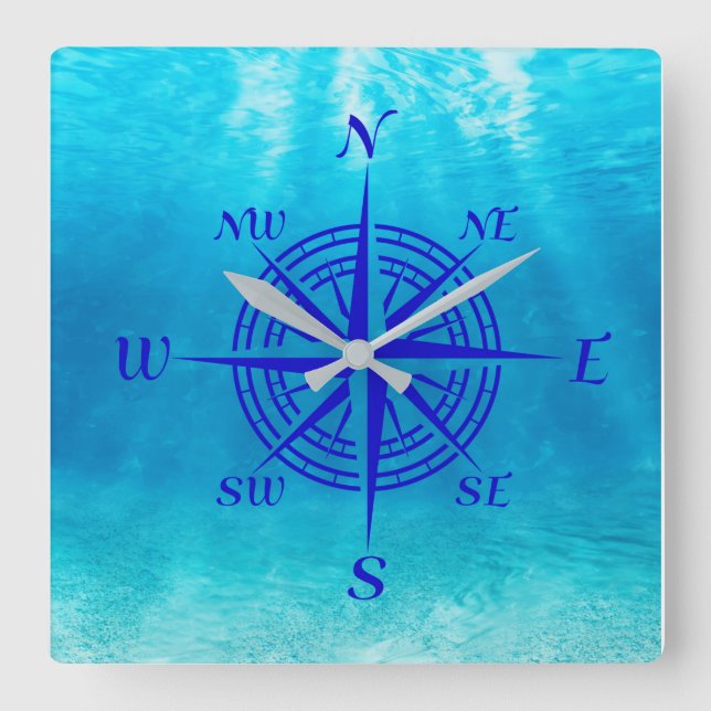 Relógio Quadrado Rosa marinho de Compass Azul (Frente)