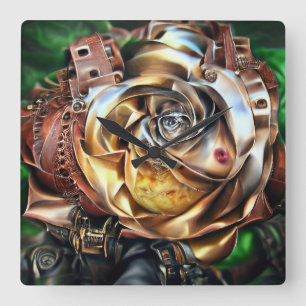 Relógio Quadrado Rosa Steampunk com Face Surreal - Flor Mecânico