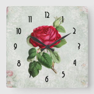 Relógio Quadrado Rosa vermelha do vintage com folha