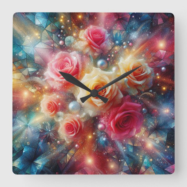 Relógio Quadrado Rosas abstrato Glitter (Frente)