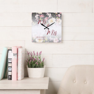 Relógio Quadrado Rosas Amarelas Cor-de-Água Rosa,borradas,desfocada