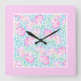 Relógio Quadrado Rosas Rosa Borboletas Brancas Polkas Wall Clock