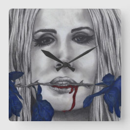 Relógio Quadrado Rosas Sangrentas Mulher Vampira Azul Retrato Arte 