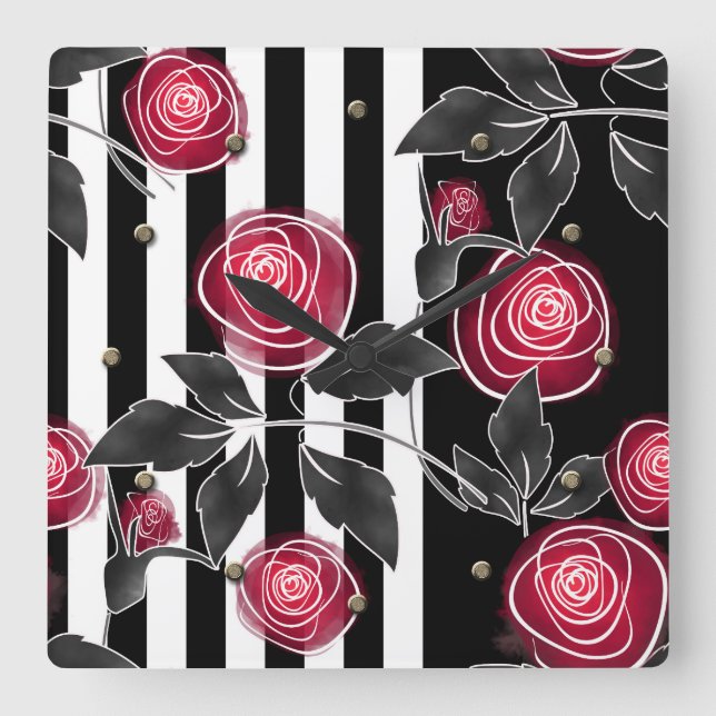 Relógio Quadrado rosas vermelhas abstrato modernas folhas de flores (Frente)