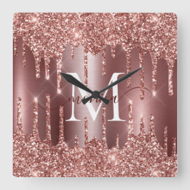 Relógio Quadrado Rose Gold Glitter Drips Monogram Personalized