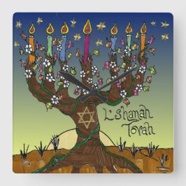 Relógio Quadrado Rosh Hashanah L'Shanah Tovah Árvore Da Vida Menora