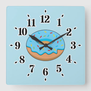 Relógio Quadrado Rosquinha Fosco Azul com Cartoon Sprinkles