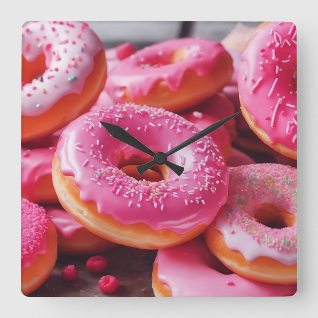 Relógio Quadrado Rosquinhas de morango rosa (Frente)
