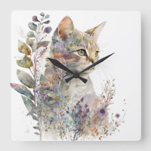 RELÓGIO QUADRADO ROSTO DE GATO DE ÁGUA E FLORES BONITO