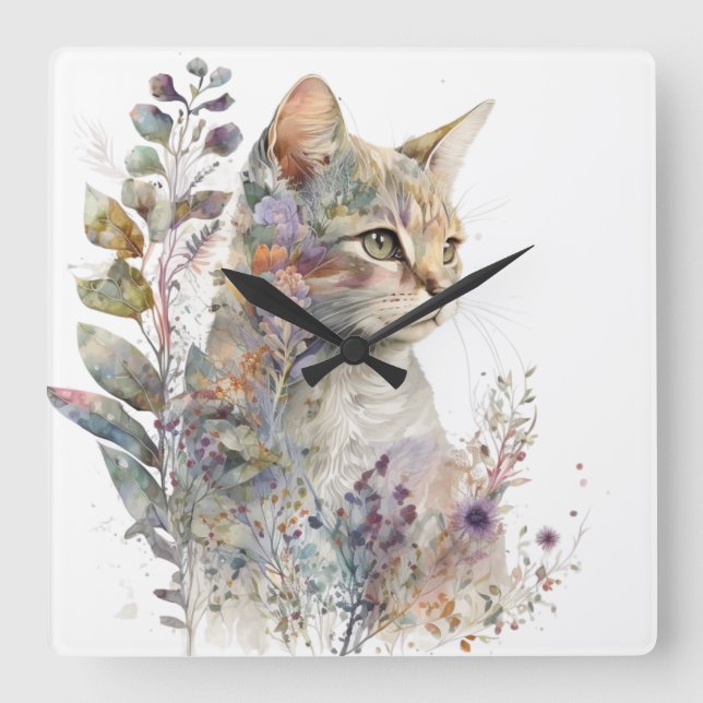 RELÓGIO QUADRADO ROSTO DE GATO DE ÁGUA E FLORES BONITO (Frente)