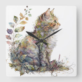 RELÓGIO QUADRADO ROSTO DE GATO DE ÁGUA E FLORES BONITO