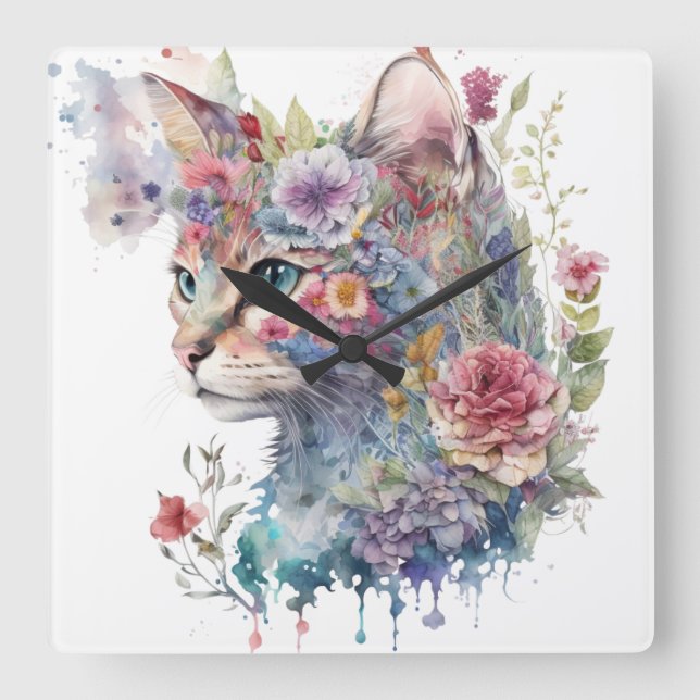 RELÓGIO QUADRADO ROSTO DE GATO DE ÁGUA E FLORES BONITO (Frente)