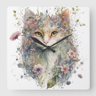 RELÓGIO QUADRADO ROSTO DE GATO DE ÁGUA E FLORES BONITO