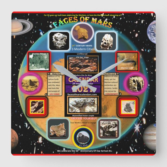 Relógio Quadrado Rostos de marte Acrílico (Frente)