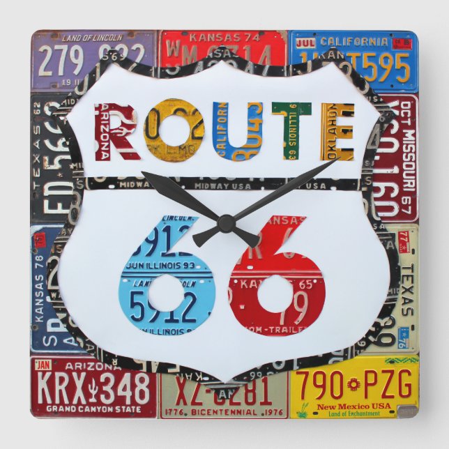 Relógio Quadrado Route 66 License Plate Art de Design Turnpike (Frente)