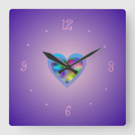 Relógio Quadrado Roxo com Coração Arco-Íris> Garotas Clocks Muralha