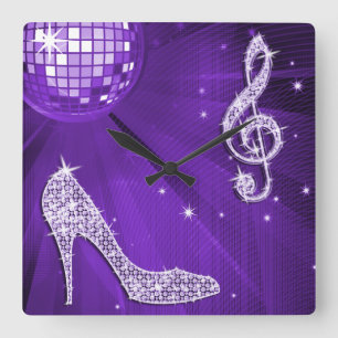 Relógio Quadrado Roxo Espelhado/ Lilás Nota Musical & Salto Agulha