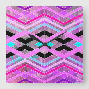 Relógio Quadrado Roxo Rosa e Geométrico Aquático Cruzando Listras