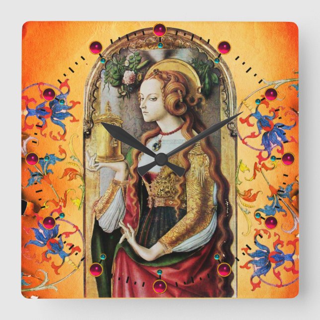 Relógio Quadrado RUA MARY MAGDALENE Orange Blue Floral Swirings (Frente)