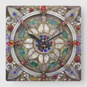Relógio Quadrado Rubí, Ametista, Safira e Mandala de Pérola