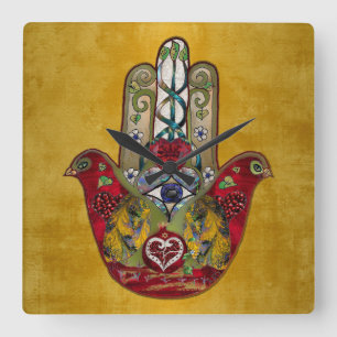 Relógio Quadrado Rubis Romã Coração Vermelho Pássaro Hamsa