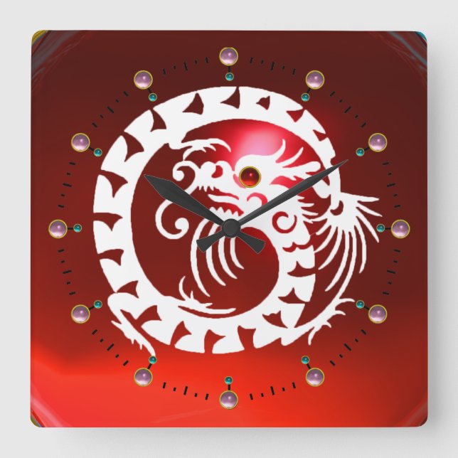 RELÓGIO QUADRADO RUBY VERMELHA E DRAGÃO DE COBRA BRANCO, GEMSTONAS  (Frente)