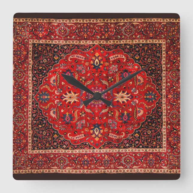 Relógio Quadrado Rug Persa Vermelho de Mashhad (Frente)