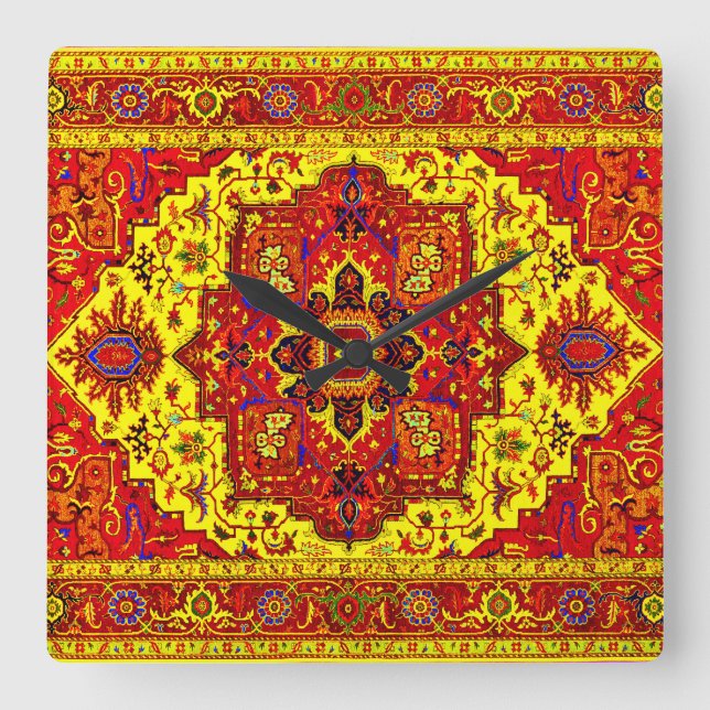 Relógio Quadrado RUG PERSA - Vermelho e Amarelo (Frente)