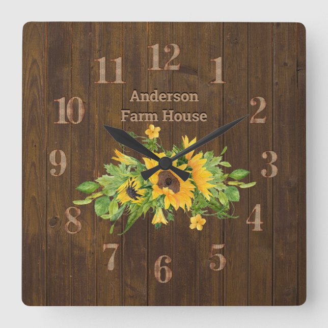 Relógio Quadrado Russo Barn Wood Farmhouse Kitchen Sunflower (Frente)