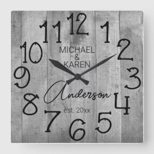 Relógio Quadrado Rustic Barn Wood Farmhouse Nome Personalizado Da F