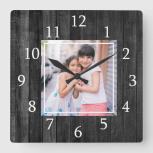 Relógio Quadrado Rustic Black Pallet Wood Custom Photo