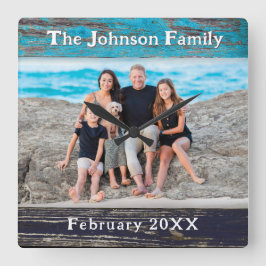 Relógio Quadrado Rustic Blue Wood Frame Family Name Photo