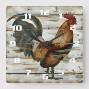 Relógio Quadrado Rustic Country and fazenda Rooster on weathered wo