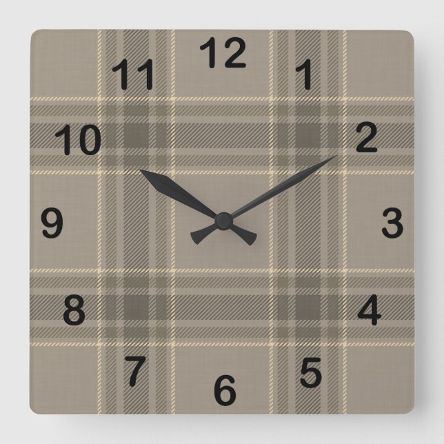 Relógio Quadrado Rustic Farmhouse Beige Grey Plaid Tartan (Frente)